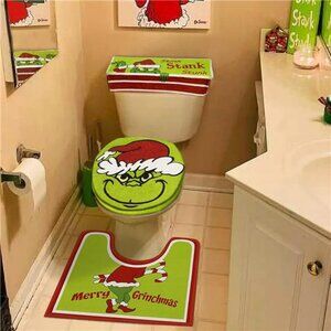 Christmas Decoration Toilet Seat Cover and Rug, Set of 4 (Red - Green)